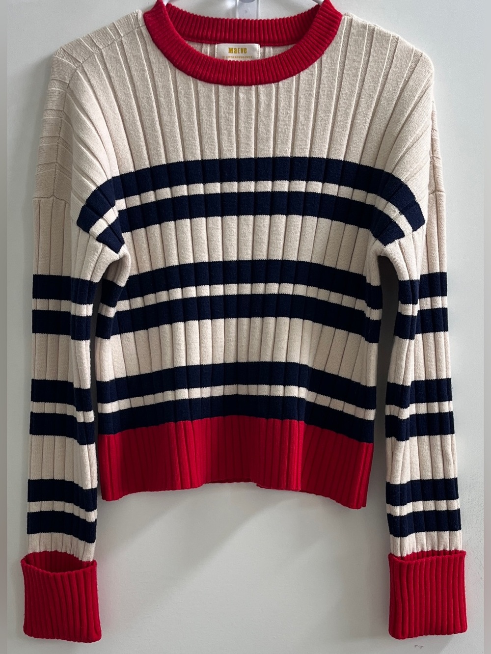 Maeve by Anthropologie Rib Crew Compact Pullover Sweater Cream & Navy Striped - Picture 2 of 16
